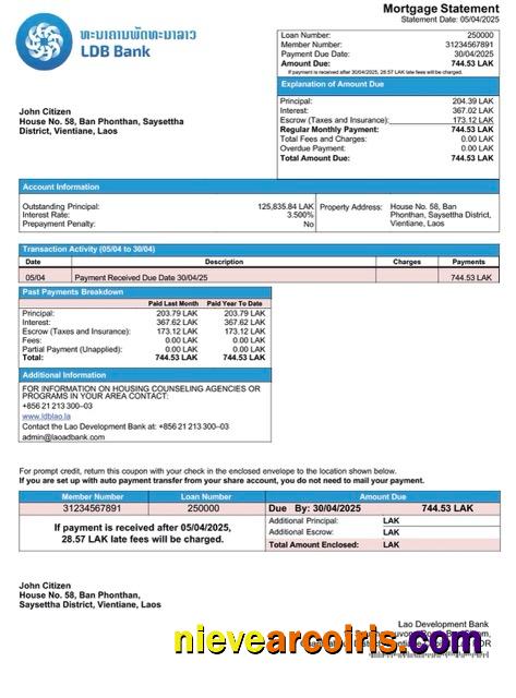 Laos Lao Development Bank mortgage statement Word and PDF template